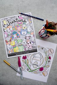 Justin's free printable coloring pages with dogs and nut butter jars filled in with various colors