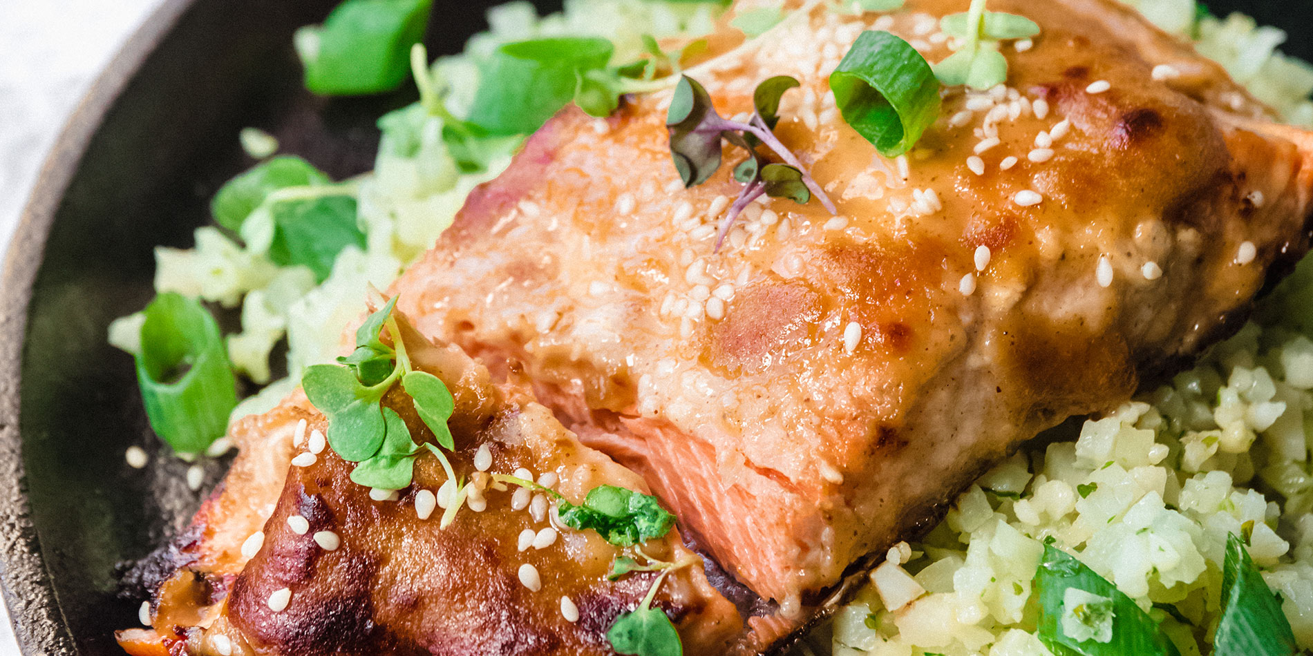 Nutty Miso Salmon in a black stone bowl (close up shot)