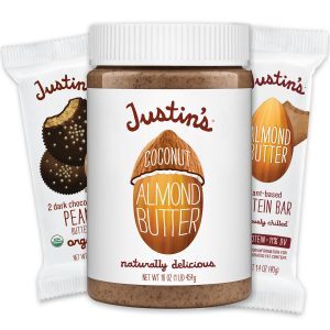 Justin's nut butter jar 16 oz, nut butter cup 1.32 oz, and protein bar 1.4 oz