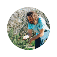 Icon thumbnail of sunny outdoor photo of Justin leaning in to look at pine bush