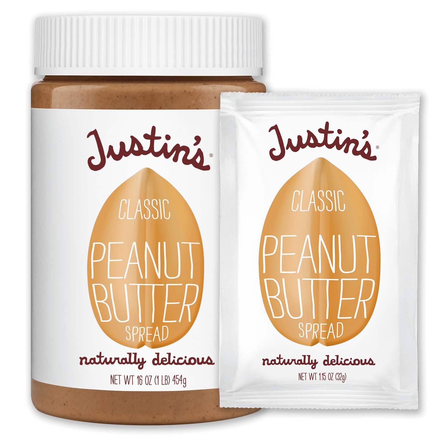 Justin's Classic Peanut Butter Spread jar 16 oz. beside Justin's Classic Peanut Butter Spread Squeeze Pack 1.15 oz.