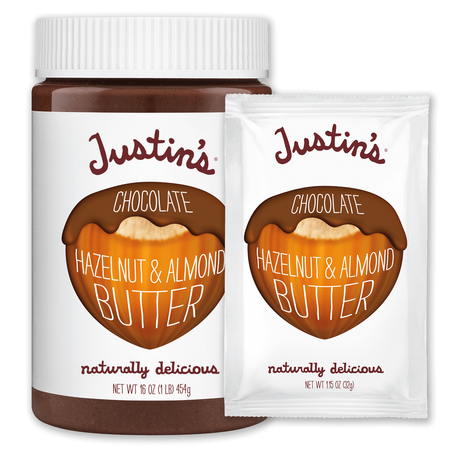 Justin's Chocolate Hazelnut & Almond Butter Spread jar 16 oz. beside its Squeeze Pack 1.15 oz. version