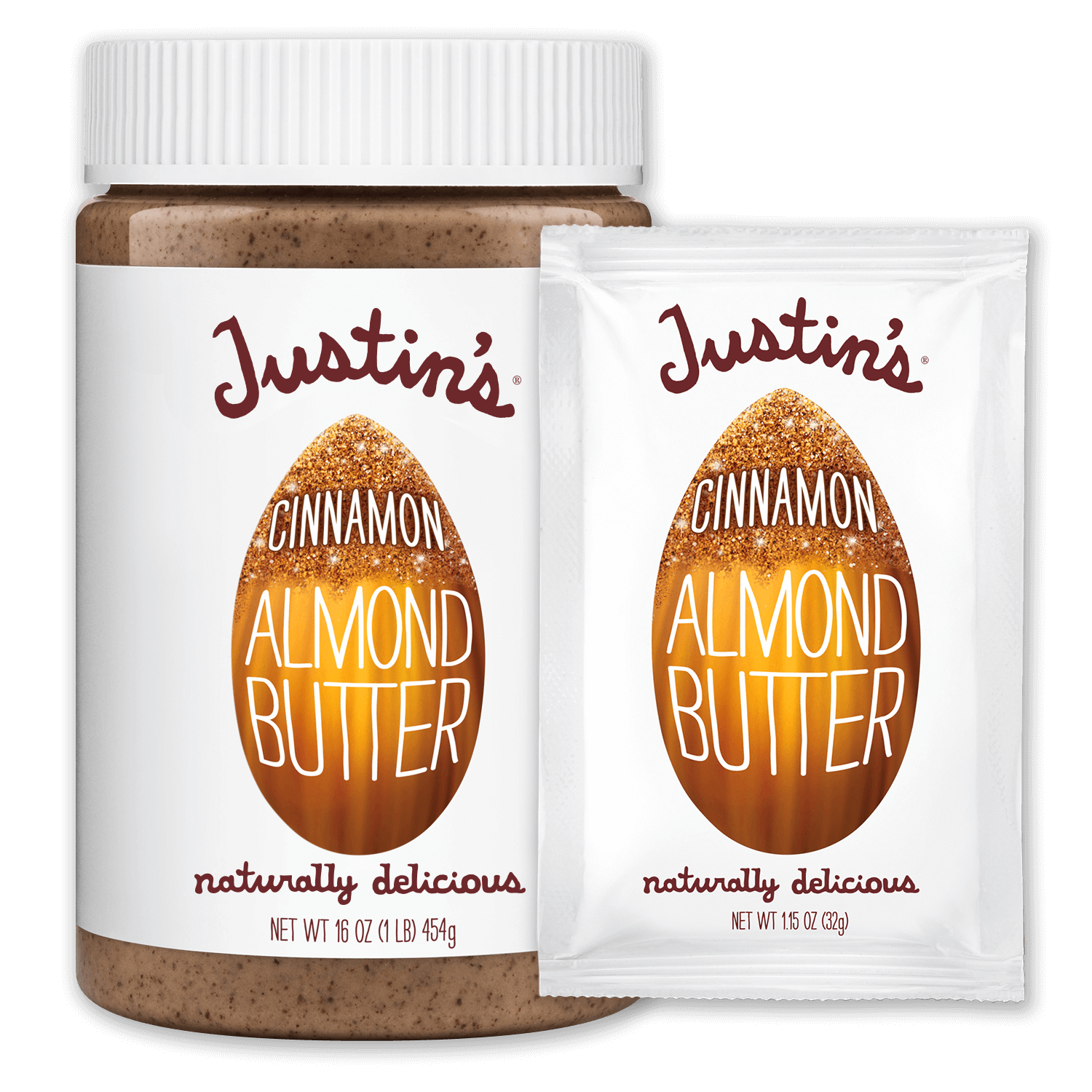 Justin's Cinnamon Almond Butter Spread jar 16 oz. beside Justin's Cinnamon Almond Butter Spread Squeeze Pack 1.15 oz.