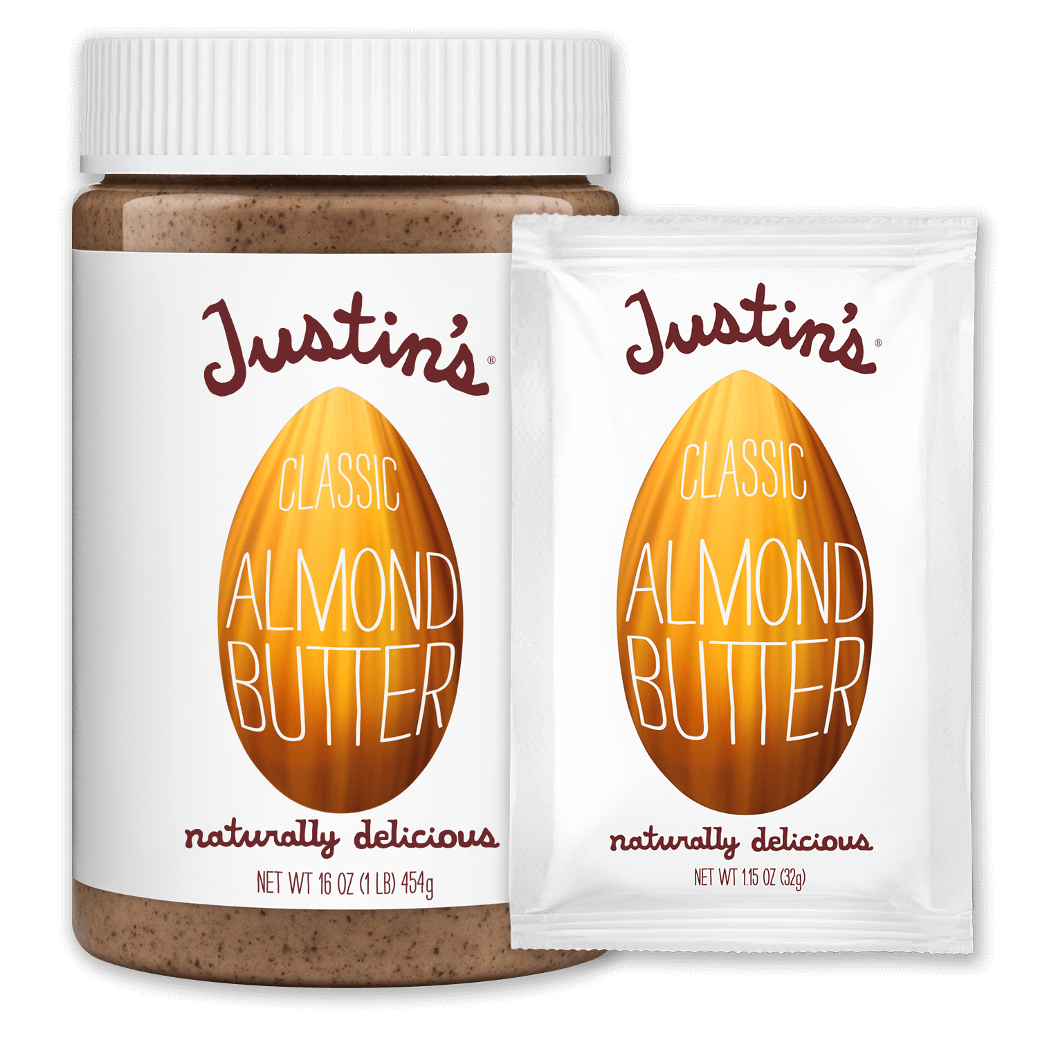 Justin's Classic Almond Butter Spread jar 16 oz. beside Justin's Classic Almond Butter Spread Squeeze Pack 1.15 oz.