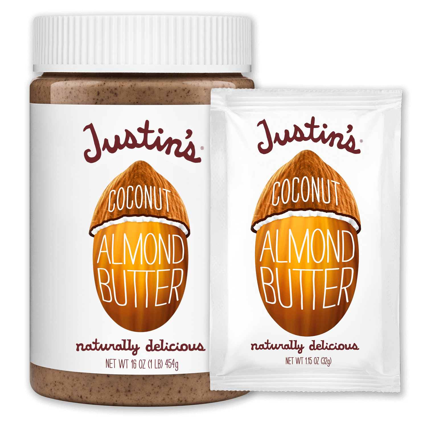 Justin's Coconut Almond Butter Spread jar 16 oz. beside Justin's Coconut Almond Butter Spread Squeeze Pack 1.15 oz.