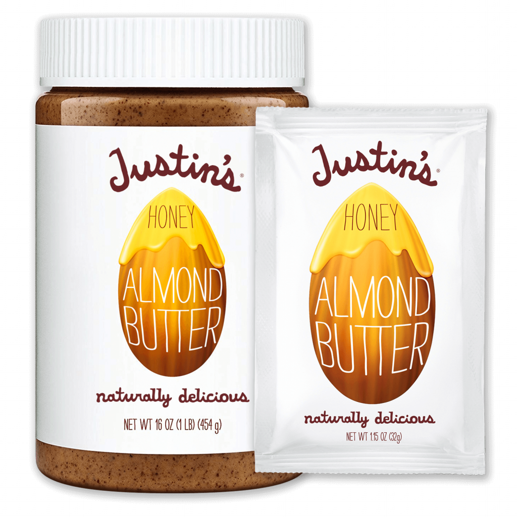 Justin's Honey Almond Butter Spread jar 16 oz. beside Justin's Honey Almond Butter Spread Squeeze Pack 1.15 oz.