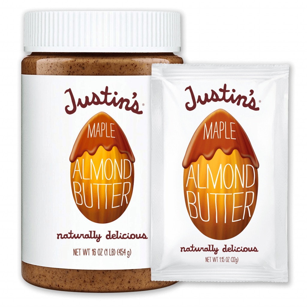 Justin's Maple Almond Butter Spread jar 16 oz. beside Justin's Maple Almond Butter Spread Squeeze Pack 1.15 oz.