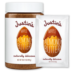 Justin's Maple Almond Butter Spread jar 16 oz. beside Justin's Maple Almond Butter Spread Squeeze Pack 1.15 oz.