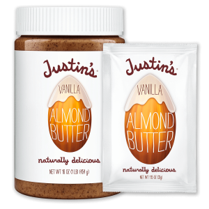 Justin's Vanilla Almond Butter Spread jar 16 oz. beside Justin's Vanilla Almond Butter Spread Squeeze Pack 1.15 oz.