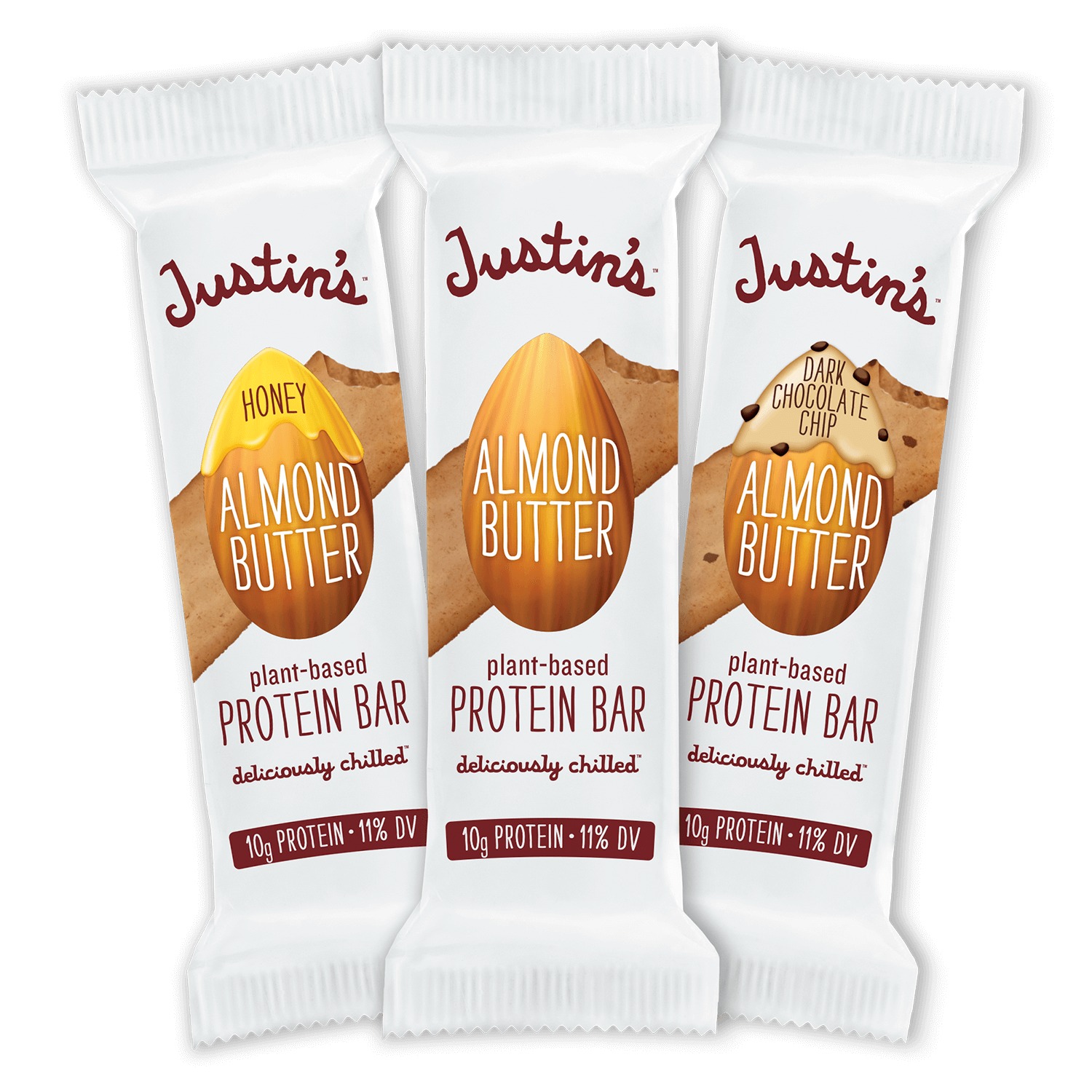 Line up of Justin's plant-based Protein Bar in Honey Almond Butter, Almond Butter, and Dark Chocolate Chip Almond Butter