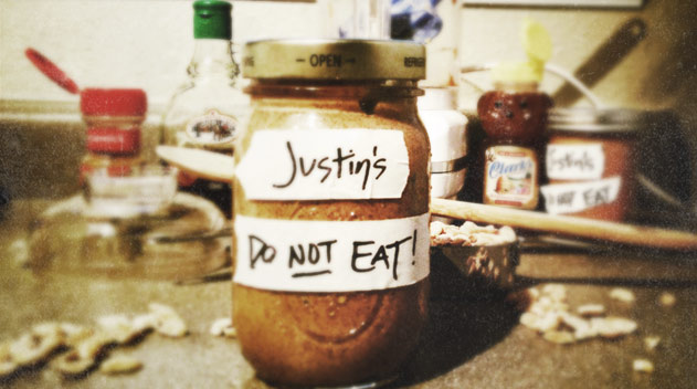 Mason jar with a taped label that says, "Justin's Do not eat!"