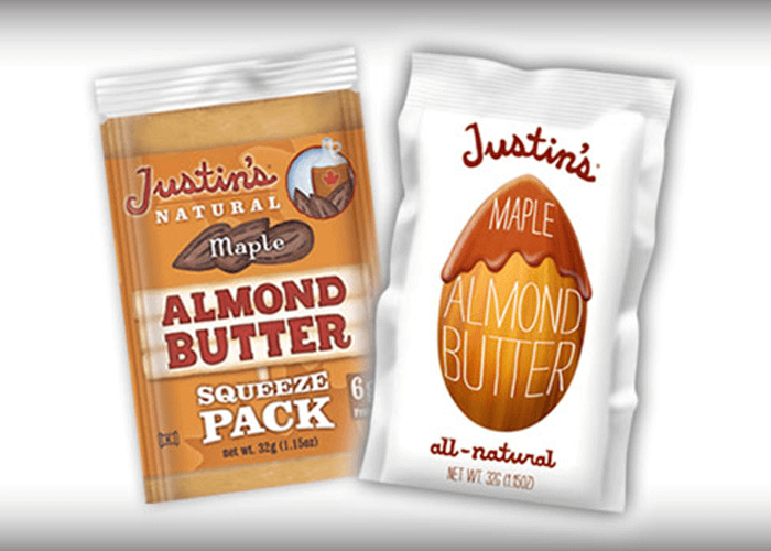 Old and new packaging of Justin's Maple Almond Butter spread squeeze pack 1.15 oz beside each other