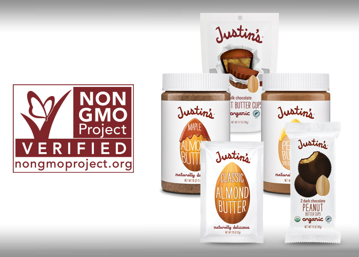 Non GMO certification next to Justin's Milk Chocolate PB cups, Nut Butter, and Almond Butter squeeze pack