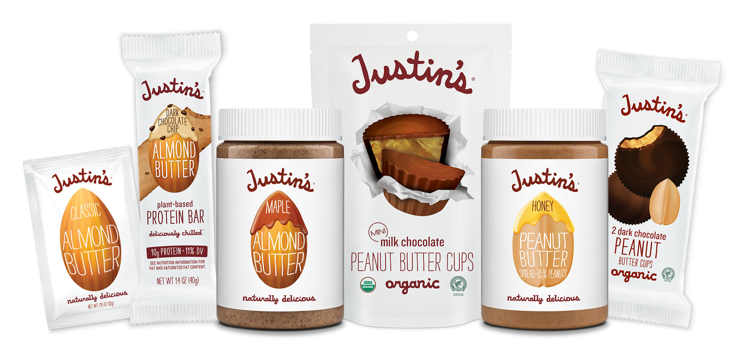 Justin's Product Family Shot includes Nut Butters, Nut Butter Cups, and Snacks