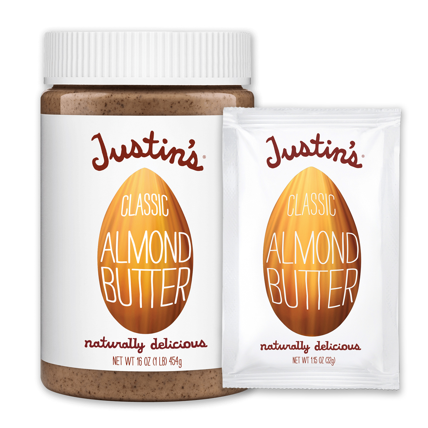 Justin's Classic Almond Butter Spread jar 16 oz. beside Justin's Classic Almond Butter Spread Squeeze Pack 1.15 oz.