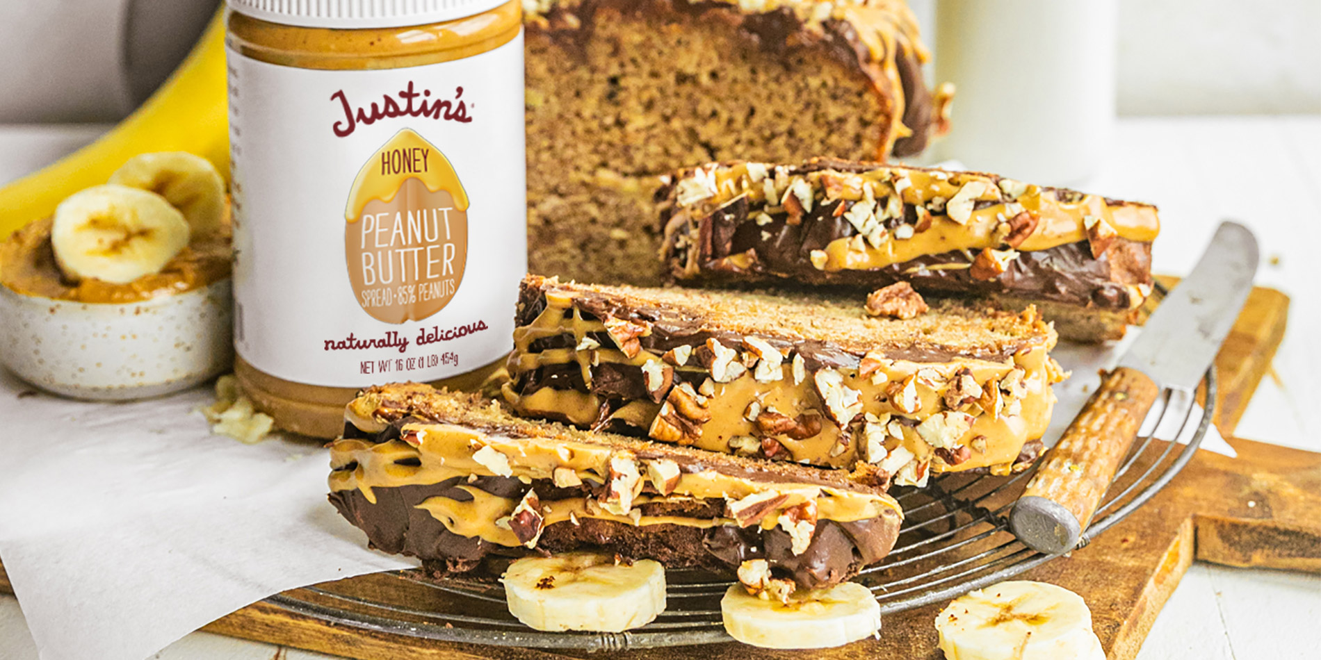 HONEY PEANUT BUTTER BANANA BREAD WITH CHOCOLATE PEANUT BUTTER DRIZZLE