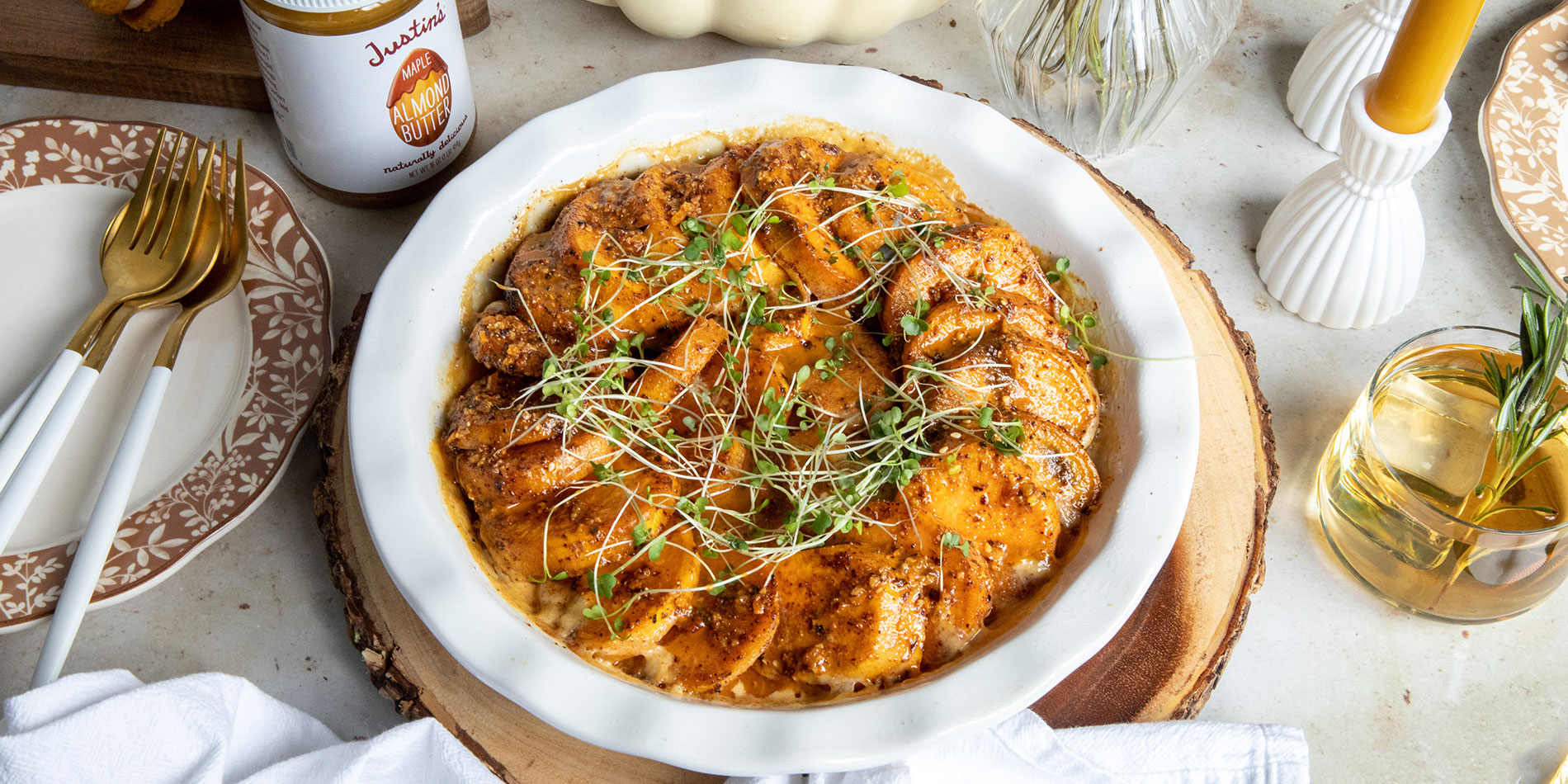 SWEET POTATOES WITH ALMOND BUTTER CHILI CRUNCH