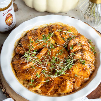 SWEET POTATOES WITH ALMOND BUTTER CHILI CRUNCH